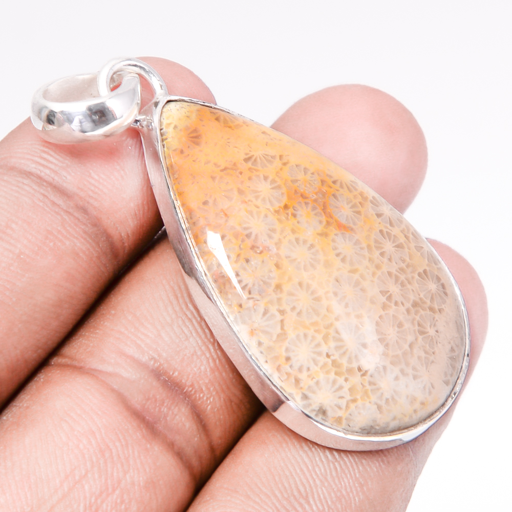 Fossil Coral 925 Sterling Silver Pendant, Handmade Pendant, Pear Pendant, Yellow Pendant, Unique Silver Pendant, Fine Pendant, Silver Jewelry Pendant