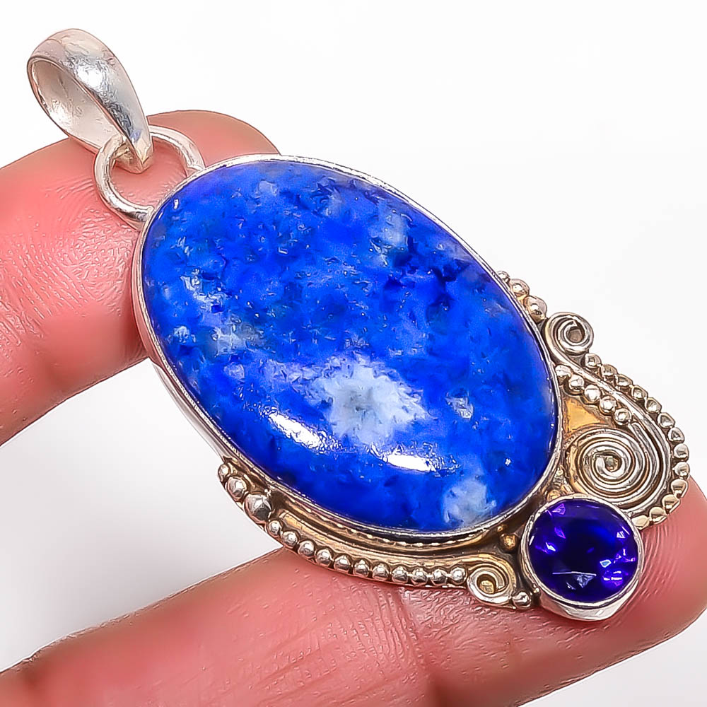 Lazulite & Sapphire 925 Sterling Silver Pendant, Handmade Pendant, Oval Pendant, Blue Pendant, Unique Silver Pendant, Fine Pendant, Silver Jewelry Pendant