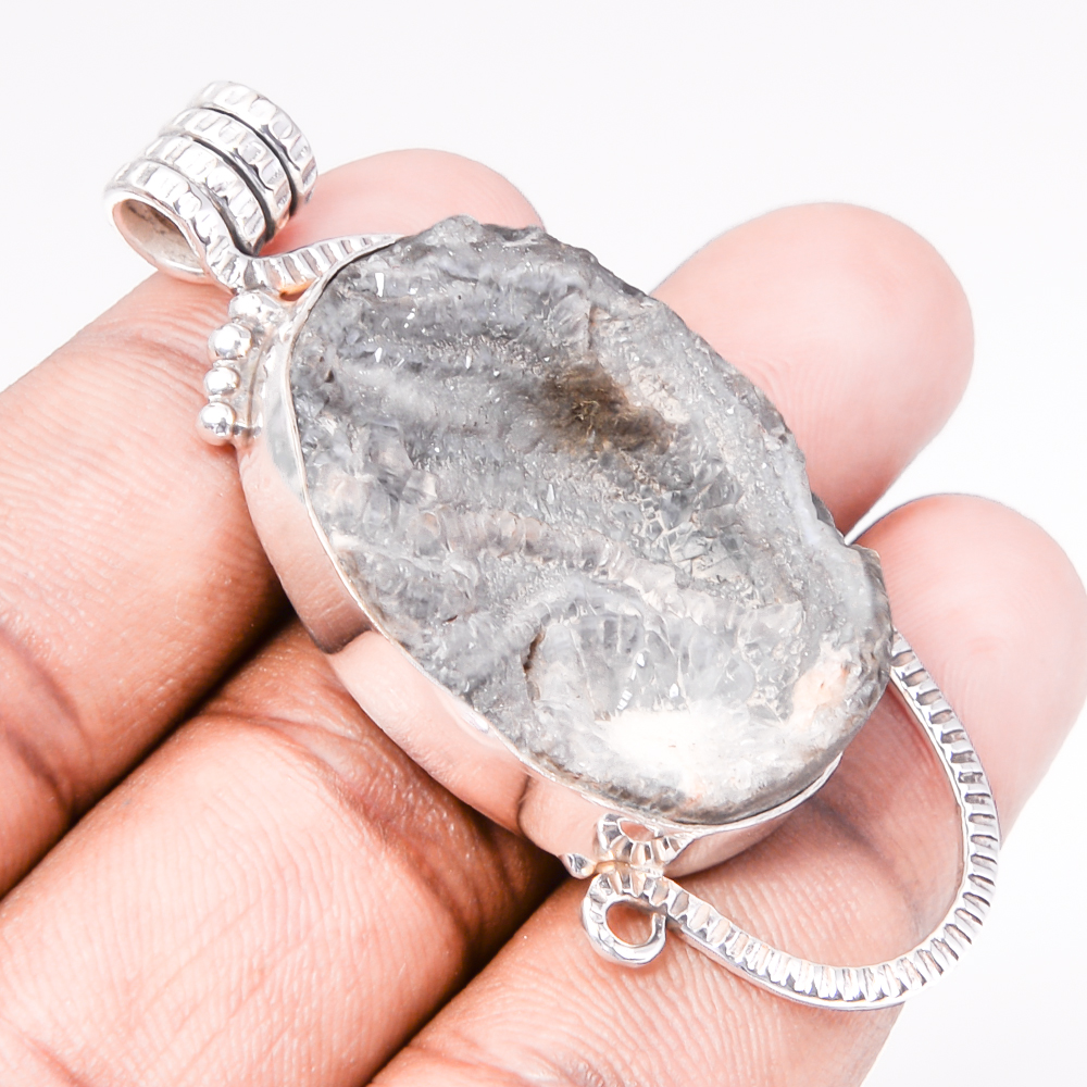 Indian Desert Rose Drusy 925 Sterling Silver Pendant, Handmade Pendant, Oval Pendant, Silver Pendant, Unique Silver Pendant, Fine Pendant, Silver Jewelry Pendant