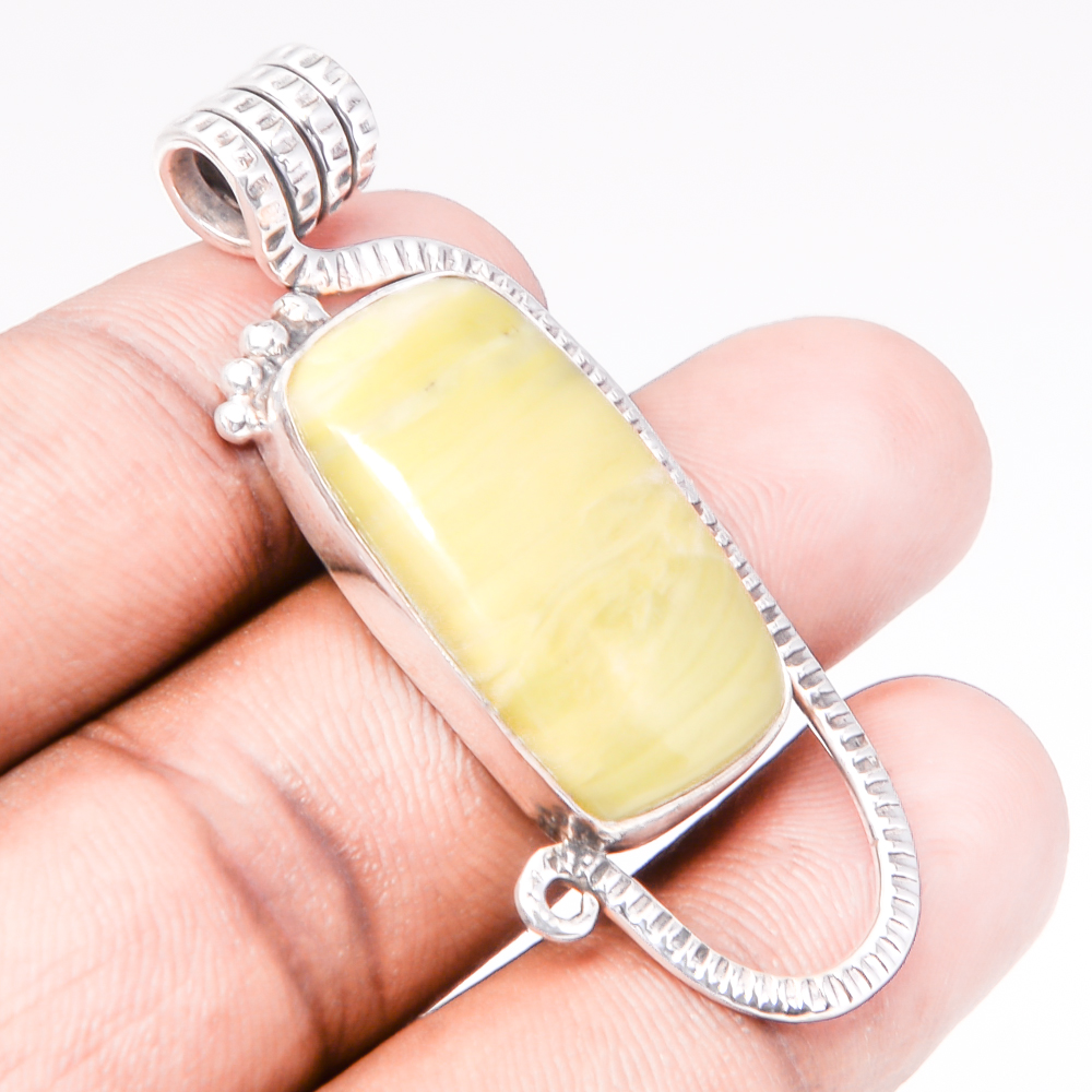 Serpentine 925 Sterling Silver Pendant, Handmade Pendant, Baguette Pendant, Yellow Pendant, Unique Silver Pendant, Fine Pendant, Silver Jewelry Pendant