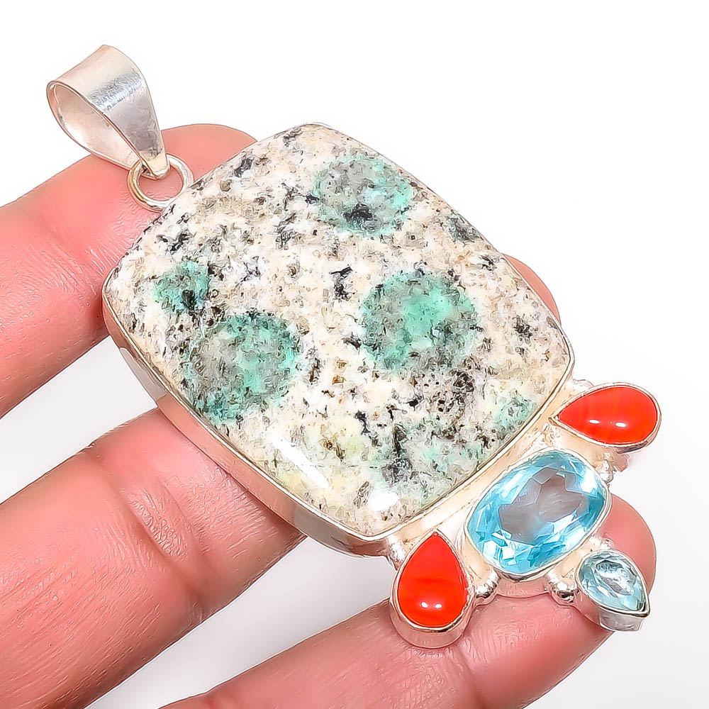 K2 Blue Azurite & Blue Topaz 925 Sterling Silver Pendant, Handmade Pendant, Cushion Pendant, Blue Pendant, Unique Silver Pendant, Fine Pendant, Silver Jewelry Pendant