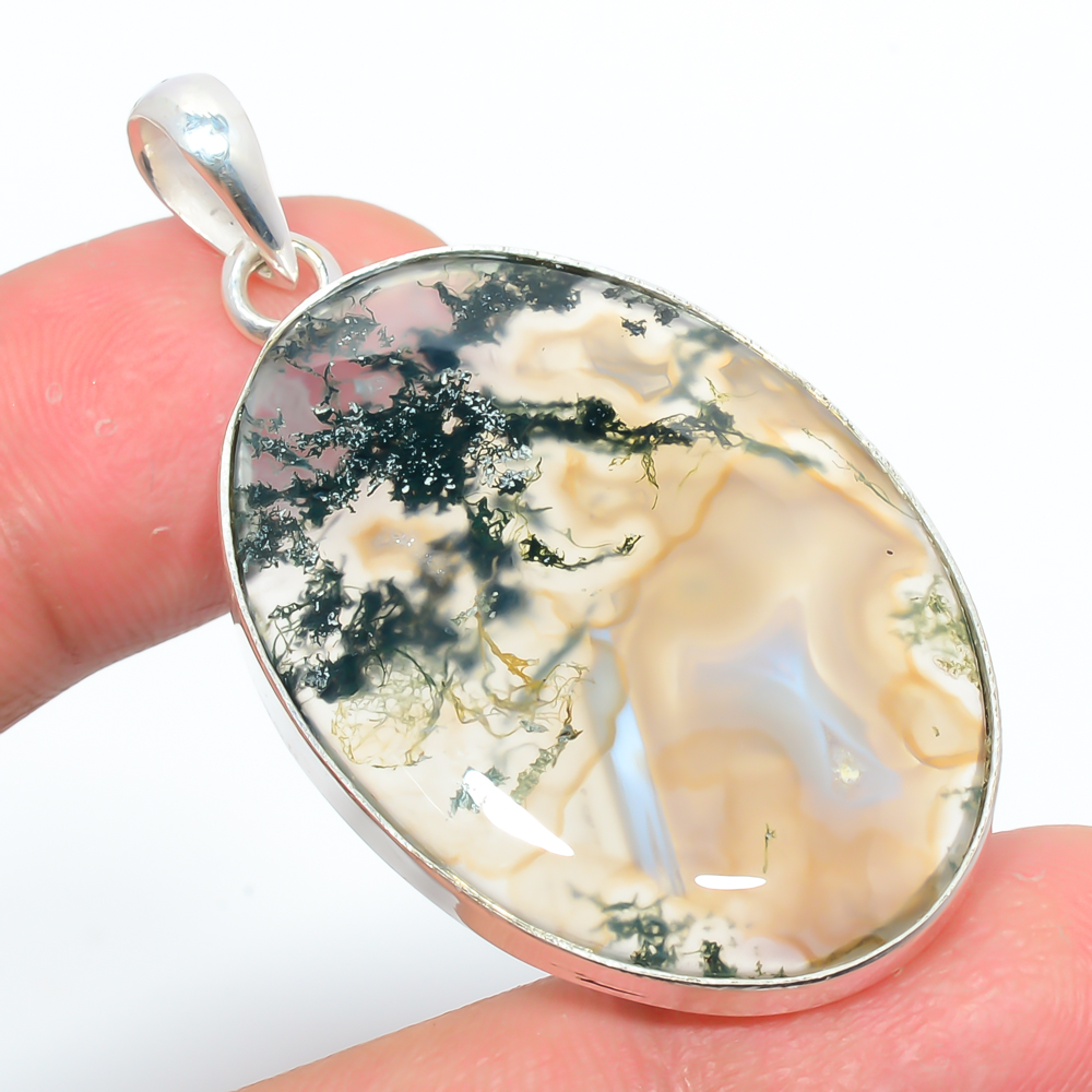 Moss Agate 925 Sterling Silver Pendant, Handmade Pendant, Oval Pendant, Green Pendant, Unique Silver Pendant, Fine Pendant, Silver Jewelry Pendant
