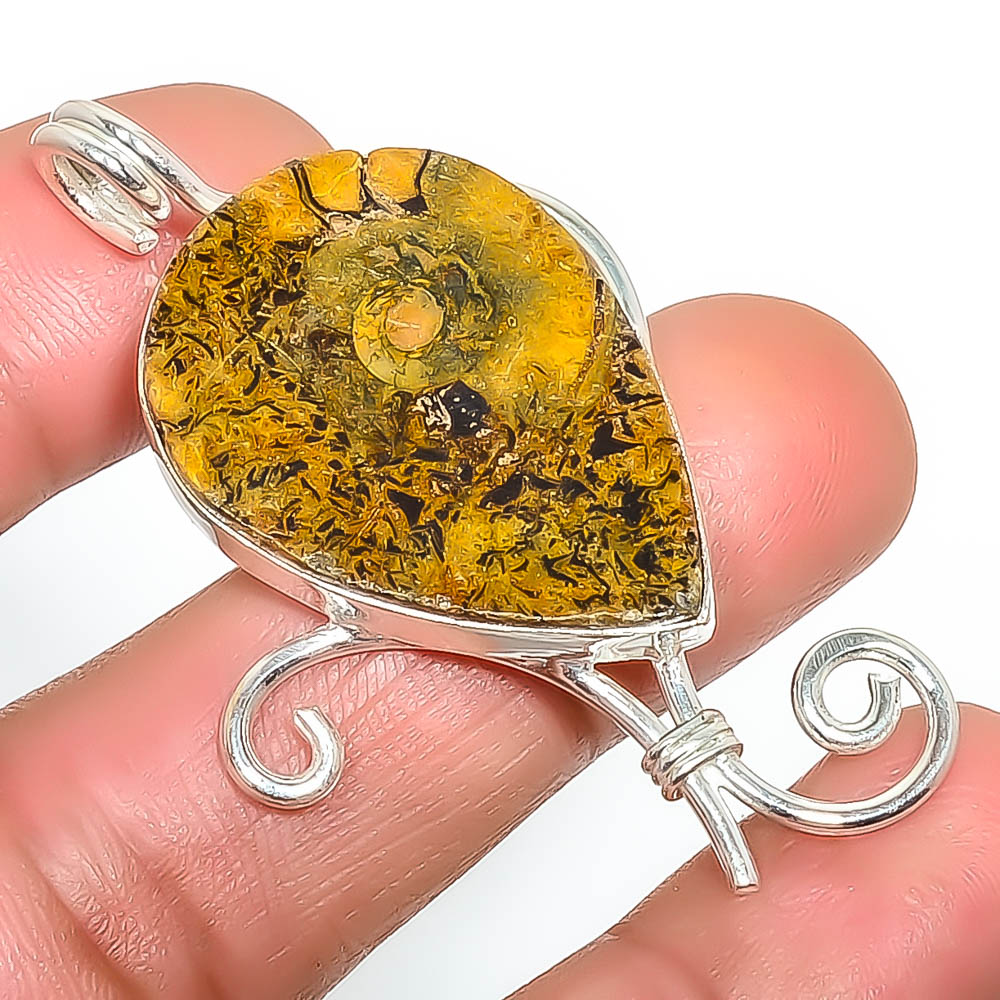 Pyrite Ammonite Fossil - 925 Sterling Silver Pendant, Handmade Pendant, Pear Pendant, Brown Pendant, Unique Silver Pendant, Fine Pendant, Silver Jewelry Pendant