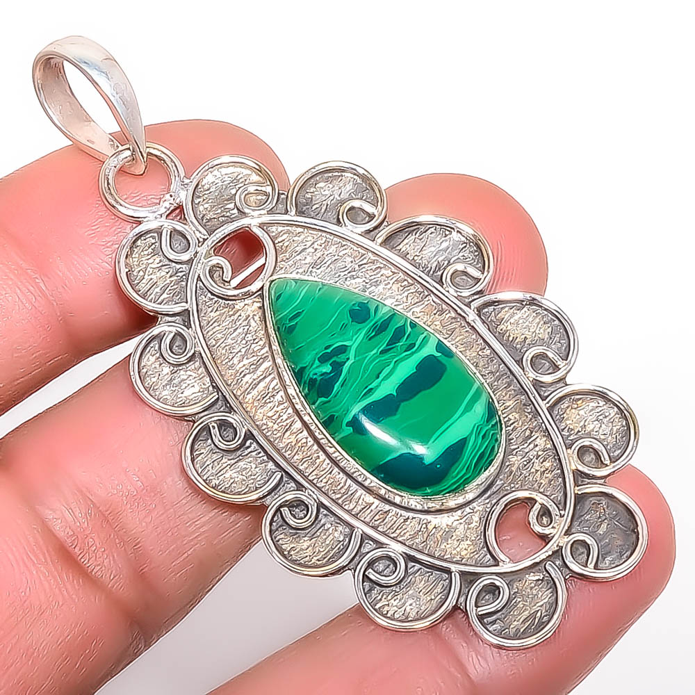 Malachite 925 Sterling Silver Pendant, Handmade Pendant, Pear Pendant, Green Pendant, Unique Silver Pendant, Fine Pendant, Silver Jewelry Pendant