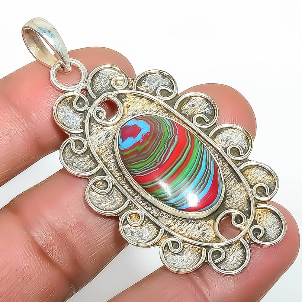 Rainbow Calsilica 925 Sterling Silver Pendant, Handmade Pendant, Oval Pendant, Blue Pendant, Unique Silver Pendant, Fine Pendant, Silver Jewelry Pendant