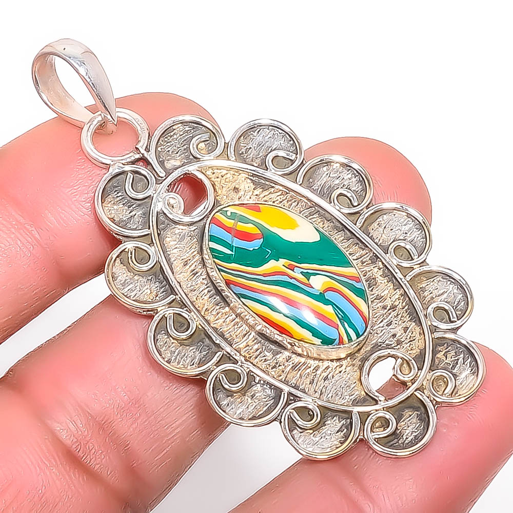 Rainbow Calsilica 925 Sterling Silver Pendant, Handmade Pendant, Oval Pendant, Green Pendant, Unique Silver Pendant, Fine Pendant, Silver Jewelry Pendant