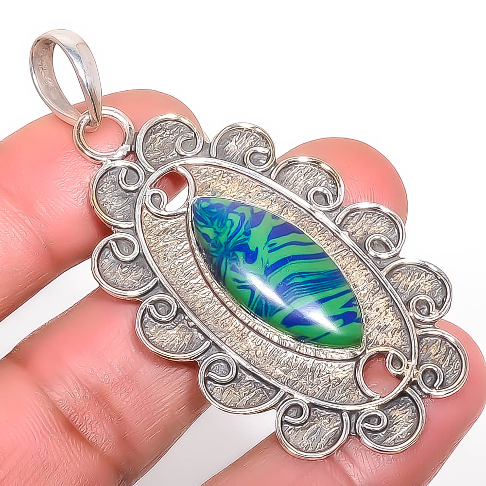 Azurite Malachite 925 Sterling Silver Pendant, Handmade Pendant, Marquise Pendant, Green Pendant, Unique Silver Pendant, Fine Pendant, Silver Jewelry Pendant