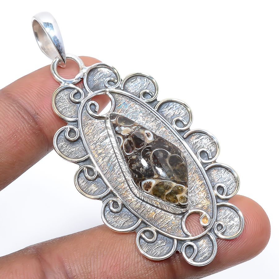Turritella Fossil Agate 925 Sterling Silver Pendant, Handmade Pendant, kite Pendant, Brown Pendant, Unique Silver Pendant, Fine Pendant, Silver Jewelry Pendant
