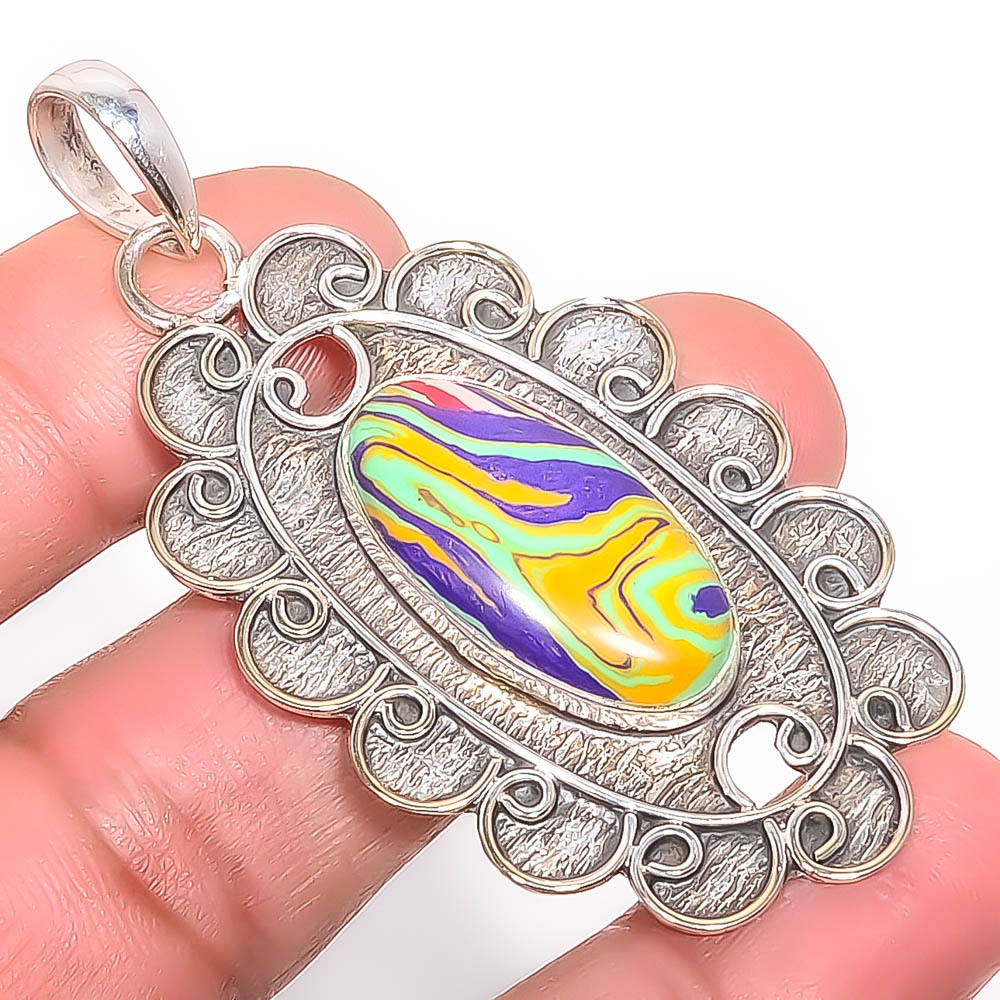 Rainbow Calsilica 925 Sterling Silver Pendant, Handmade Pendant, Oval Pendant, Yellow Pendant, Unique Silver Pendant, Fine Pendant, Silver Jewelry Pendant