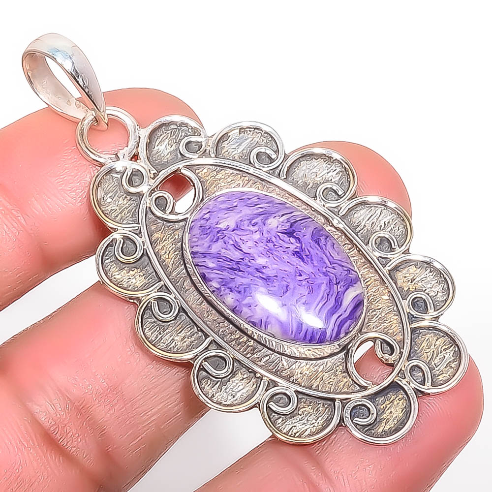 Charoite 925 Sterling Silver Pendant, Handmade Pendant, Oval Pendant, Purple Pendant, Unique Silver Pendant, Fine Pendant, Silver Jewelry Pendant