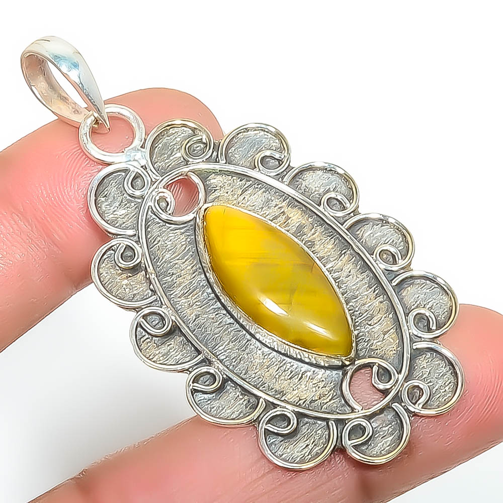Nellite 925 Sterling Silver Pendant, Handmade Pendant, Marquise Pendant, Yellow Pendant, Unique Silver Pendant, Fine Pendant, Silver Jewelry Pendant