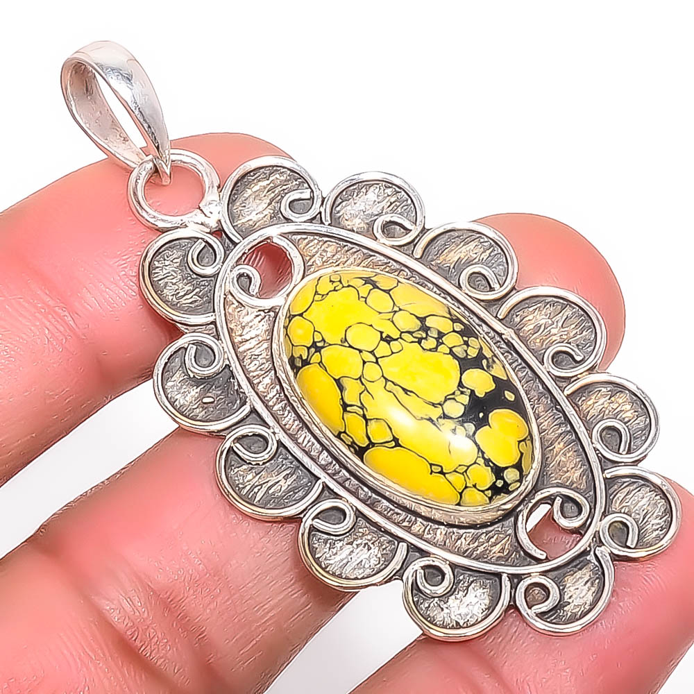 Mosaic Balloon Jasper 925 Sterling Silver Pendant, Handmade Pendant, Oval Pendant, Yellow Pendant, Unique Silver Pendant, Fine Pendant, Silver Jewelry Pendant