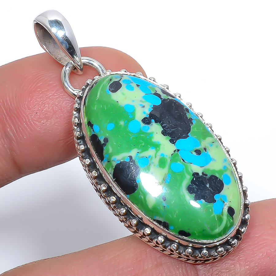 Azurite Malachite 925 Sterling Silver Pendant, Handmade Pendant, Oval Pendant, Green Pendant, Unique Silver Pendant, Fine Pendant, Silver Jewelry Pendant