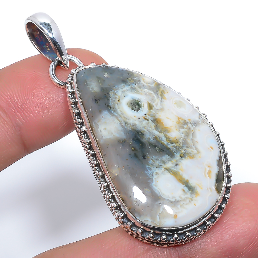 Ocean Jasper 925 Sterling Silver Pendant, Handmade Pendant, Pear Pendant, Green Pendant, Unique Silver Pendant, Fine Pendant, Silver Jewelry Pendant