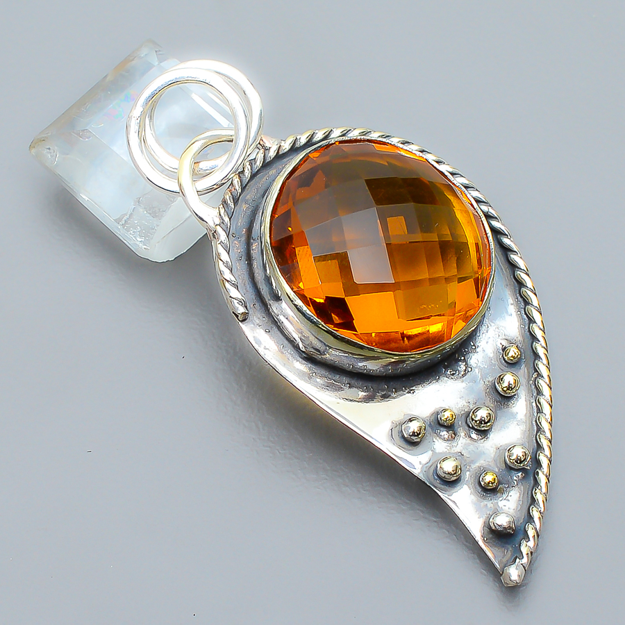 Citrine 925 Sterling Silver Pendant, Handmade Pendant, Round Pendant, Yellow Pendant, Unique Silver Pendant, Fine Pendant, Silver Jewelry Pendant