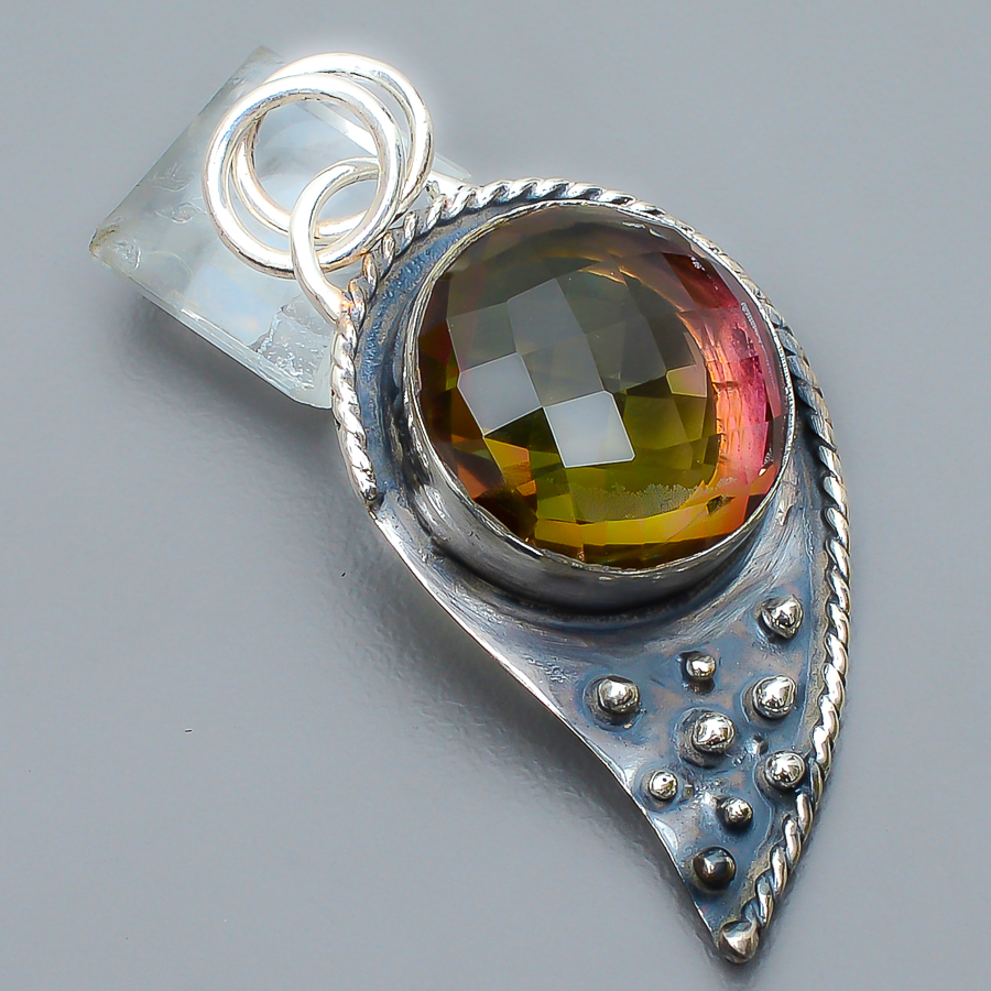 Bi Color Tourmaline 925 Sterling Silver Pendant, Handmade Pendant, Round Pendant, Pink Pendant, Unique Silver Pendant, Fine Pendant, Silver Jewelry Pendant