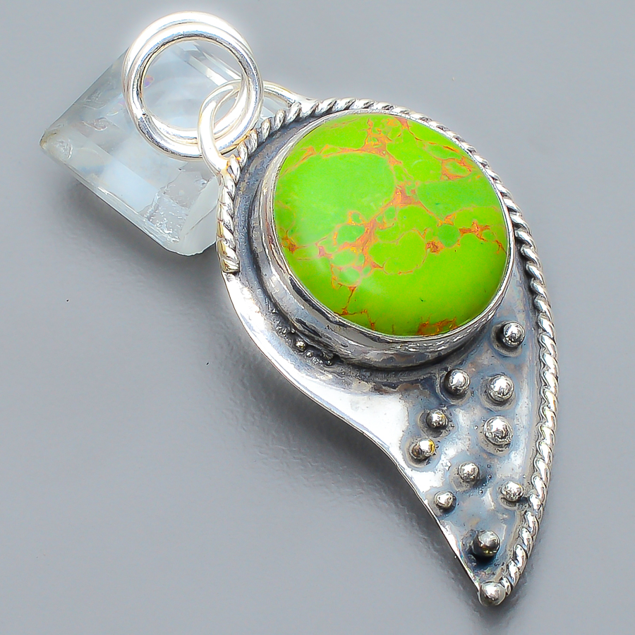 Copper Green Turquoise 925 Sterling Silver Pendant, Handmade Pendant, Round Pendant, Green Pendant, Unique Silver Pendant, Fine Pendant, Silver Jewelry Pendant