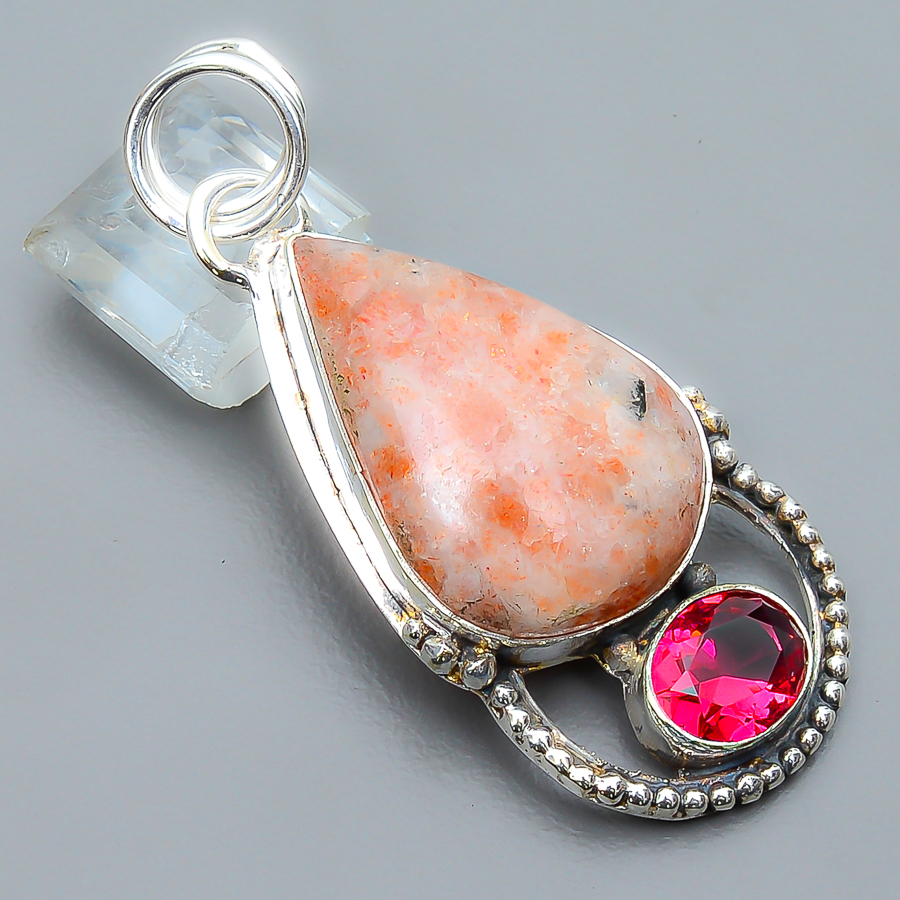 Golden Sunstone & Rubellite Pink Tourmaline 925 Sterling Silver Pendant, Handmade Pendant, Pear Pendant, Golden Pendant, Unique Silver Pendant, Fine Pendant, Silver Jewelry Pendant