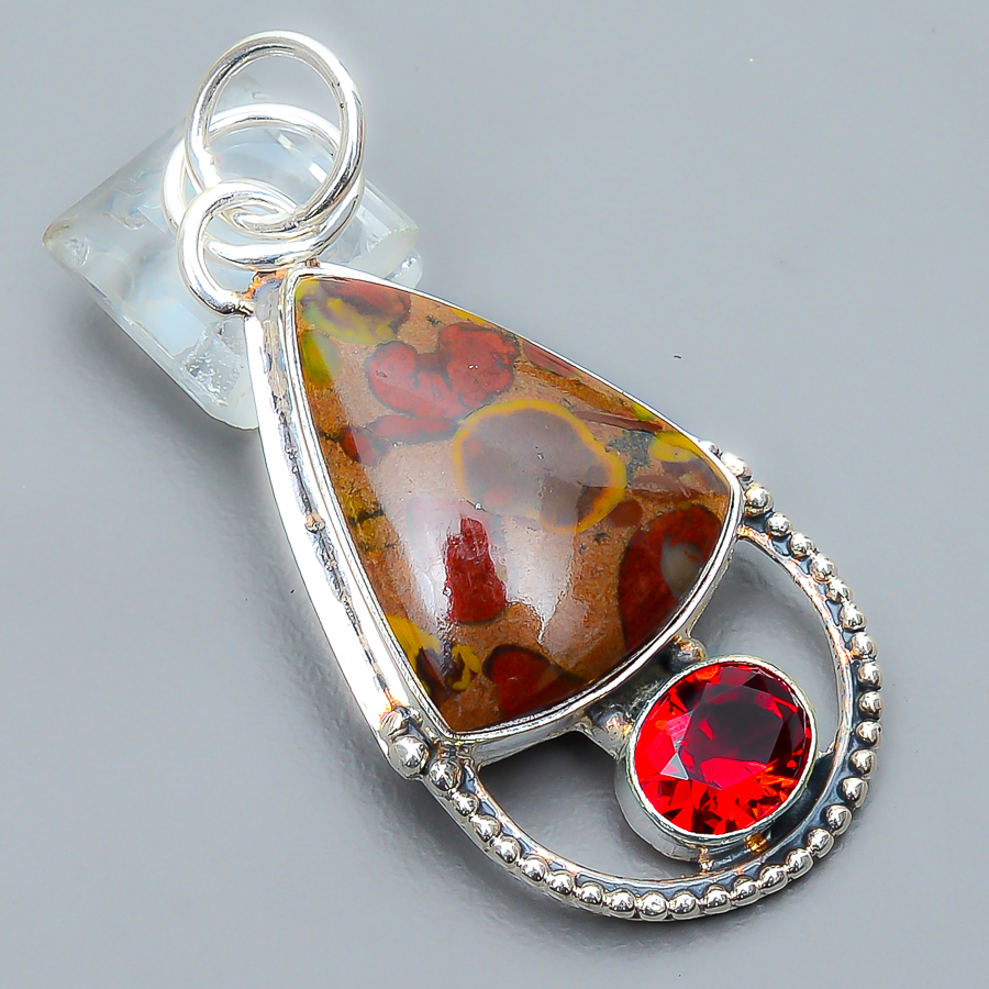 Rhyolite Jasper & Garnet 925 Sterling Silver Pendant, Handmade Pendant, Trillion Pendant, Red Pendant, Unique Silver Pendant, Fine Pendant, Silver Jewelry Pendant