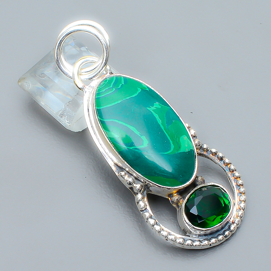 Malachite & Emerald 925 Sterling Silver Pendant, Handmade Pendant, Oval Pendant, Green Pendant, Unique Silver Pendant, Fine Pendant, Silver Jewelry Pendant