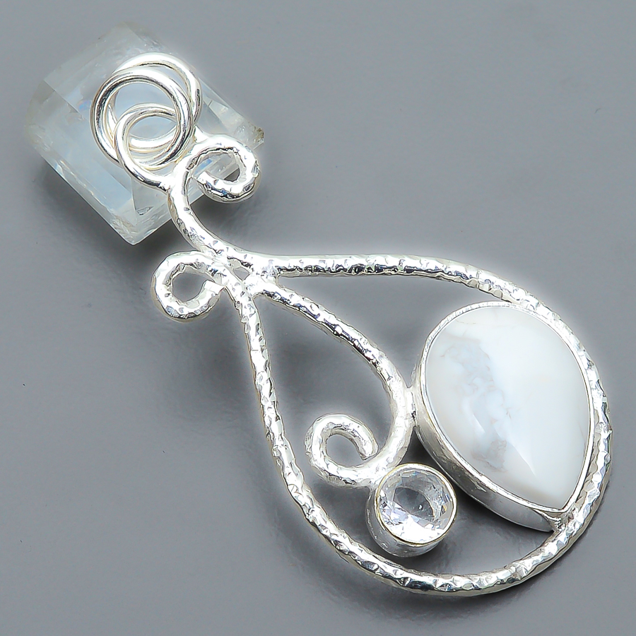 Howlite & White Topaz 925 Sterling Silver Pendant, Handmade Pendant, Pear Pendant, White Pendant, Unique Silver Pendant, Fine Pendant, Silver Jewelry Pendant
