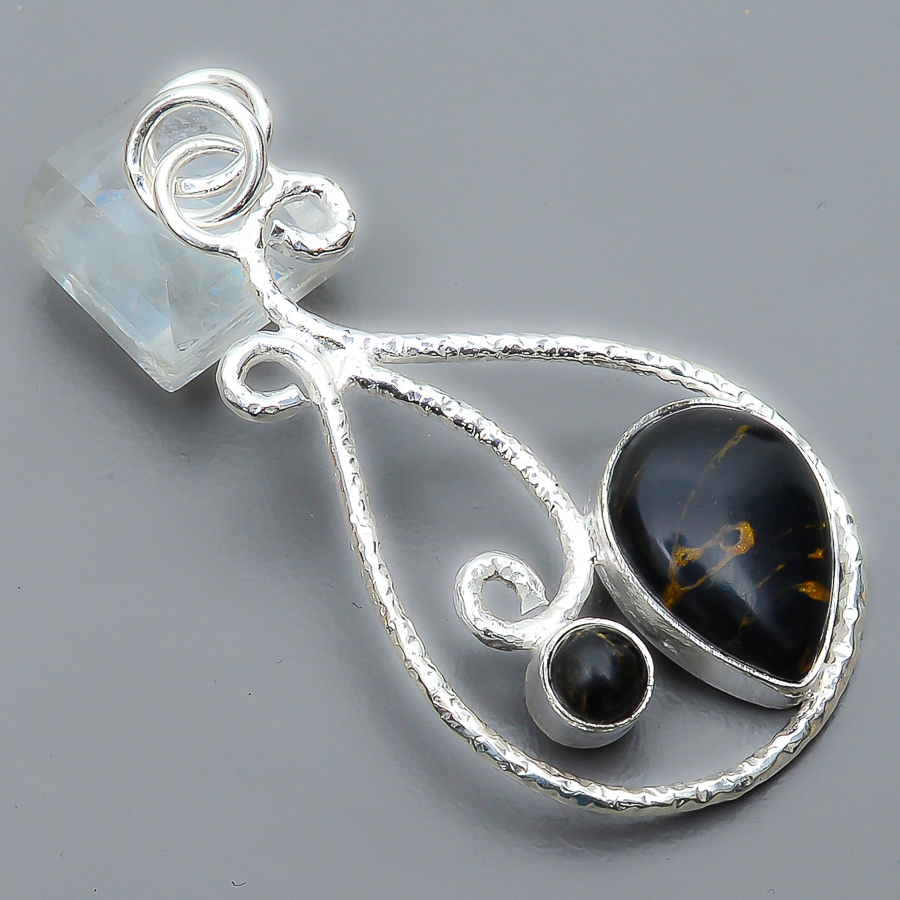 Copper Black Turquoise 925 Sterling Silver Pendant, Handmade Pendant, Pear Pendant, Black Pendant, Unique Silver Pendant, Fine Pendant, Silver Jewelry Pendant