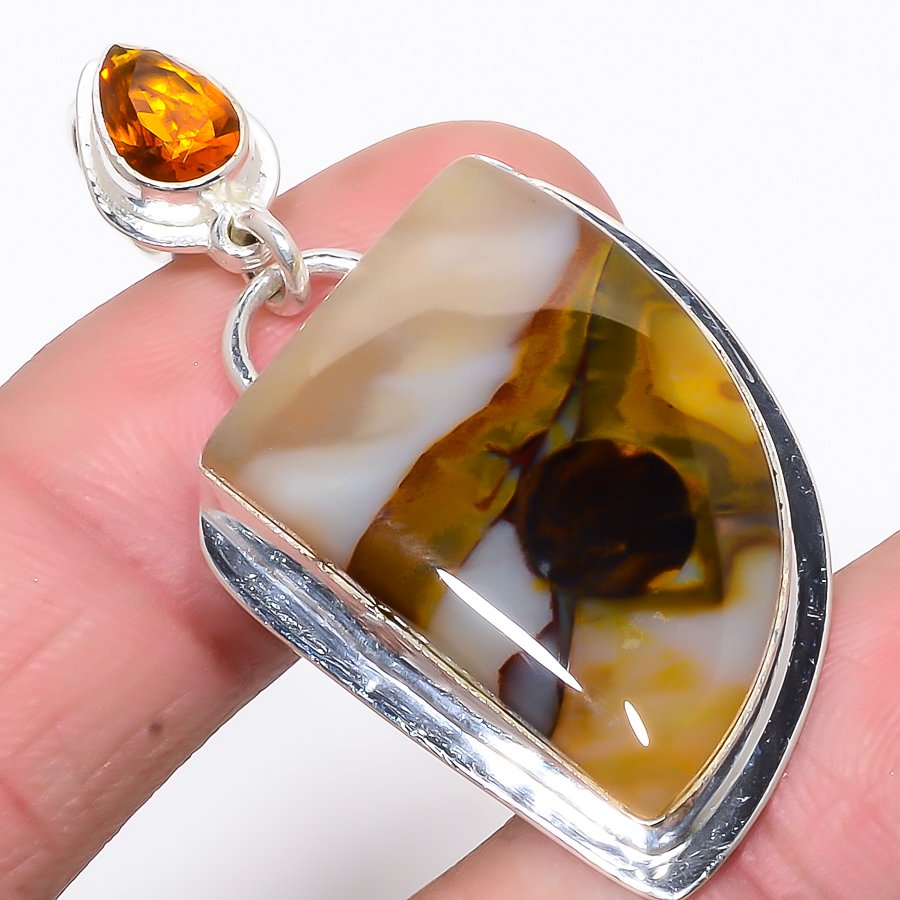 Polka Dot Agate & Citrine 925 Sterling Silver Pendant, Handmade Pendant, Trillion Pendant, Yellow Pendant, Unique Silver Pendant, Fine Pendant, Silver Jewelry Pendant