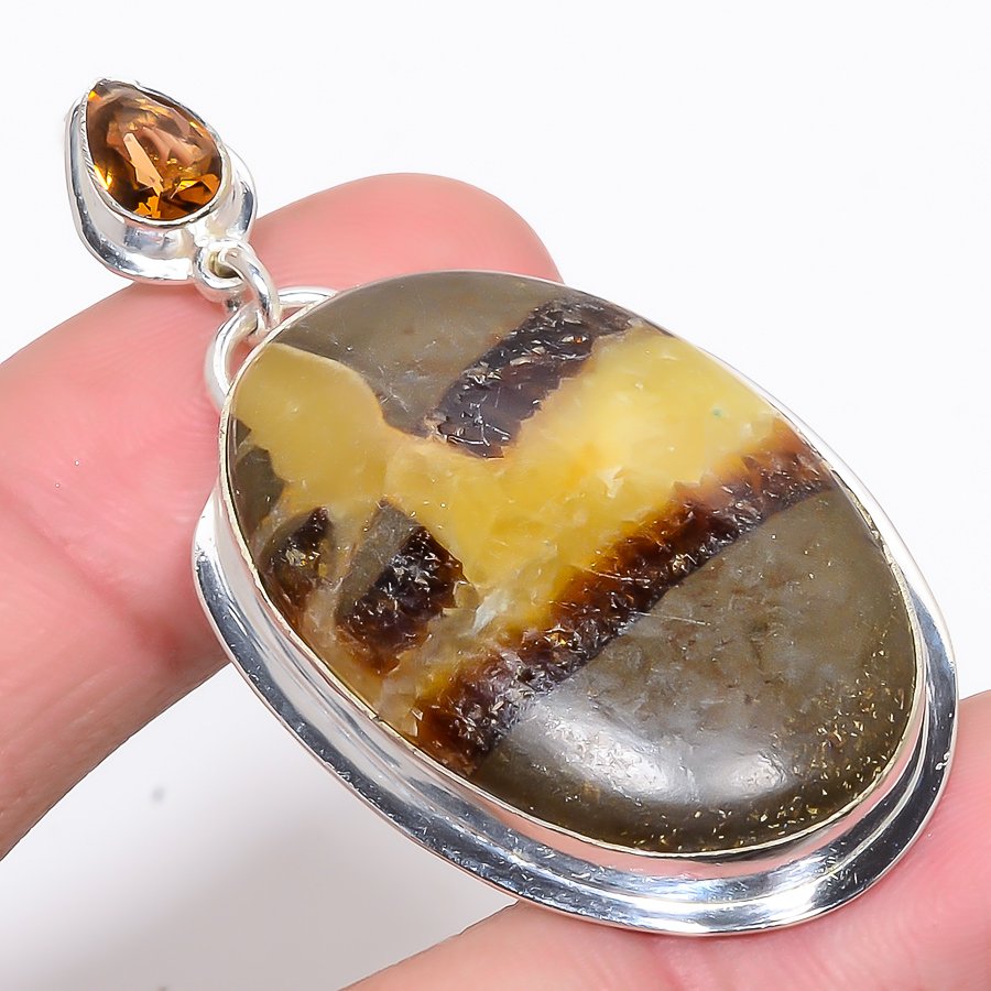 Septarian Stone & Smoky Quartz 925 Sterling Silver Pendant, Handmade Pendant, Oval Pendant, Brown Pendant, Unique Silver Pendant, Fine Pendant, Silver Jewelry Pendant