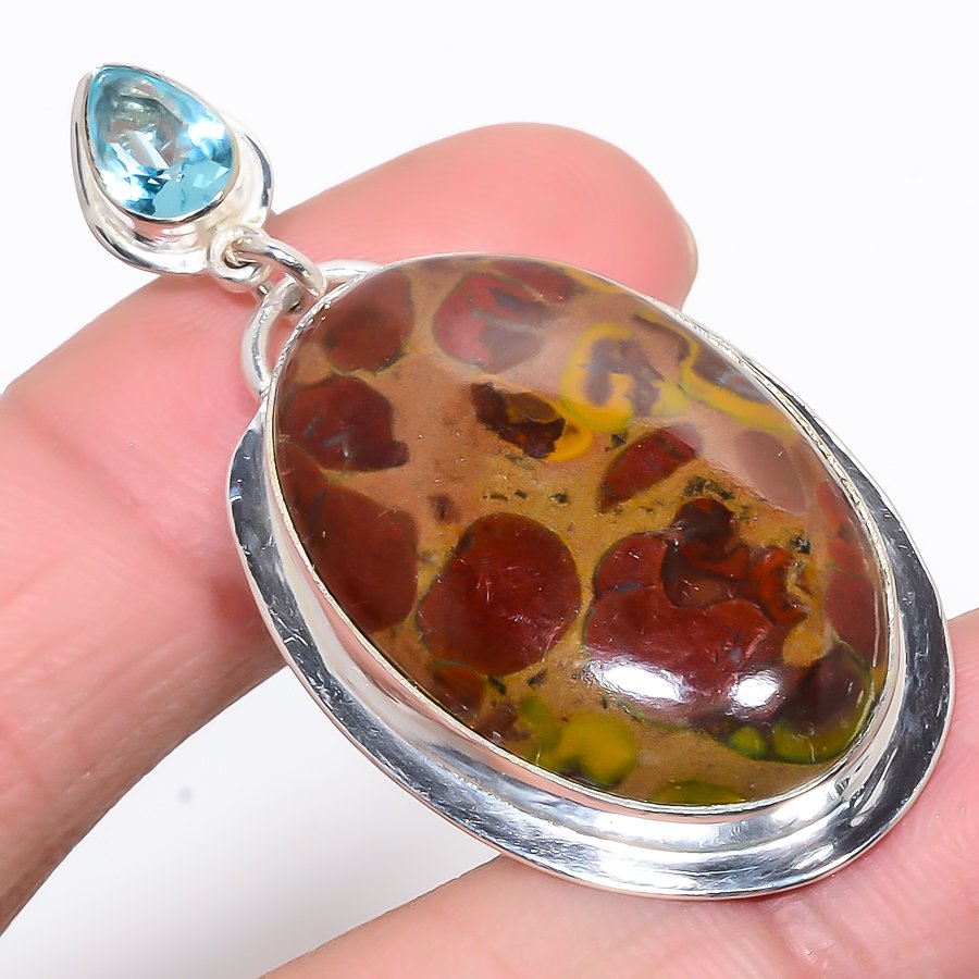 Rhyolite Jasper & Blue Topaz 925 Sterling Silver Pendant, Handmade Pendant, Oval Pendant, Red Pendant, Unique Silver Pendant, Fine Pendant, Silver Jewelry Pendant