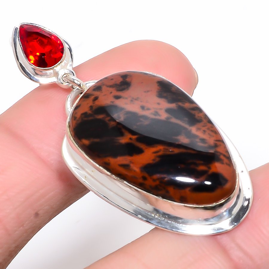 Mahogany Obsidian & Garnet 925 Sterling Silver Pendant, Handmade Pendant, Pear Pendant, Red Pendant, Unique Silver Pendant, Fine Pendant, Silver Jewelry Pendant