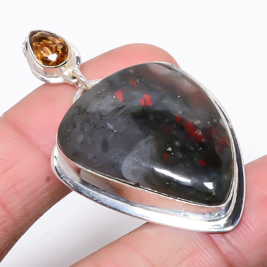 Sonora Red Jasper & Smoky Quartz 925 Sterling Silver Pendant, Handmade Pendant, Pear Pendant, Black Pendant, Unique Silver Pendant, Fine Pendant, Silver Jewelry Pendant