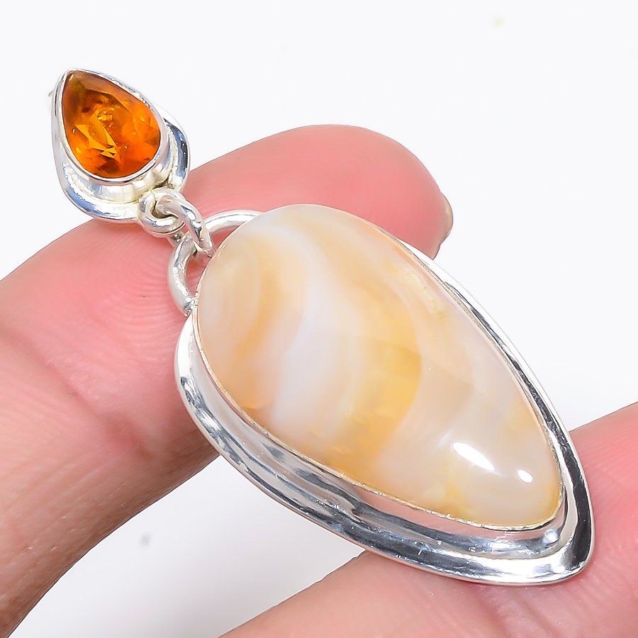 Botswana Lace Agate & Citrine 925 Sterling Silver Pendant, Handmade Pendant, Pear Pendant, Yellow Pendant, Unique Silver Pendant, Fine Pendant, Silver Jewelry Pendant