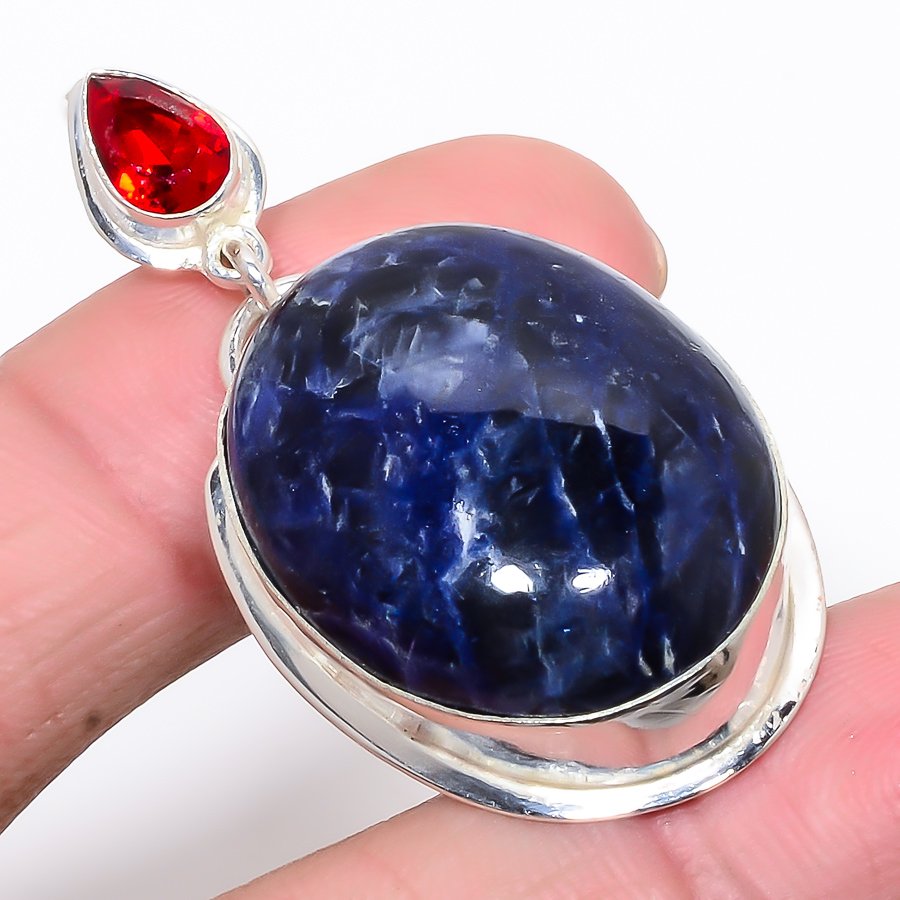 Sodalite & Garnet 925 Sterling Silver Pendant, Handmade Pendant, Oval Pendant, Blue Pendant, Unique Silver Pendant, Fine Pendant, Silver Jewelry Pendant