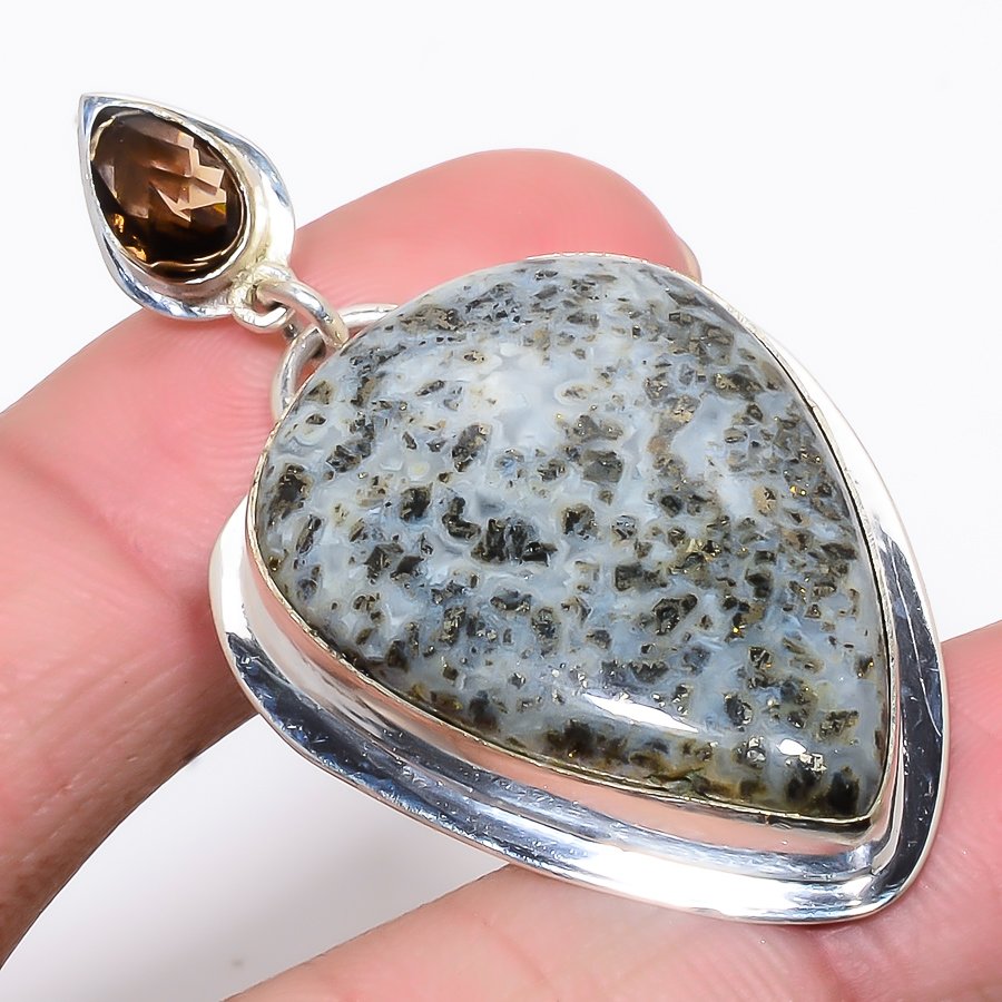Chalco Pyrite & Smoky Quartz 925 Sterling Silver Pendant, Handmade Pendant, Pear Pendant, Gray Pendant, Unique Silver Pendant, Fine Pendant, Silver Jewelry Pendant