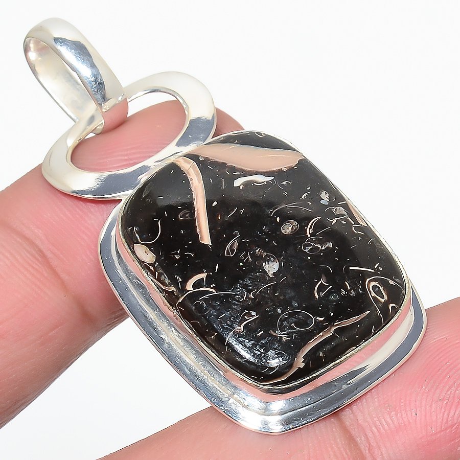 Turritella Fossil Agate 925 Sterling Silver Pendant, Handmade Pendant, Cushion Pendant, Brown Pendant, Unique Silver Pendant, Fine Pendant, Silver Jewelry Pendant