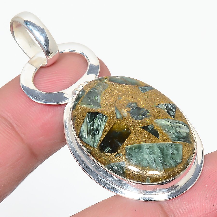 Copper Seraphinite 925 Sterling Silver Pendant, Handmade Pendant, Oval Pendant, Green Pendant, Unique Silver Pendant, Fine Pendant, Silver Jewelry Pendant
