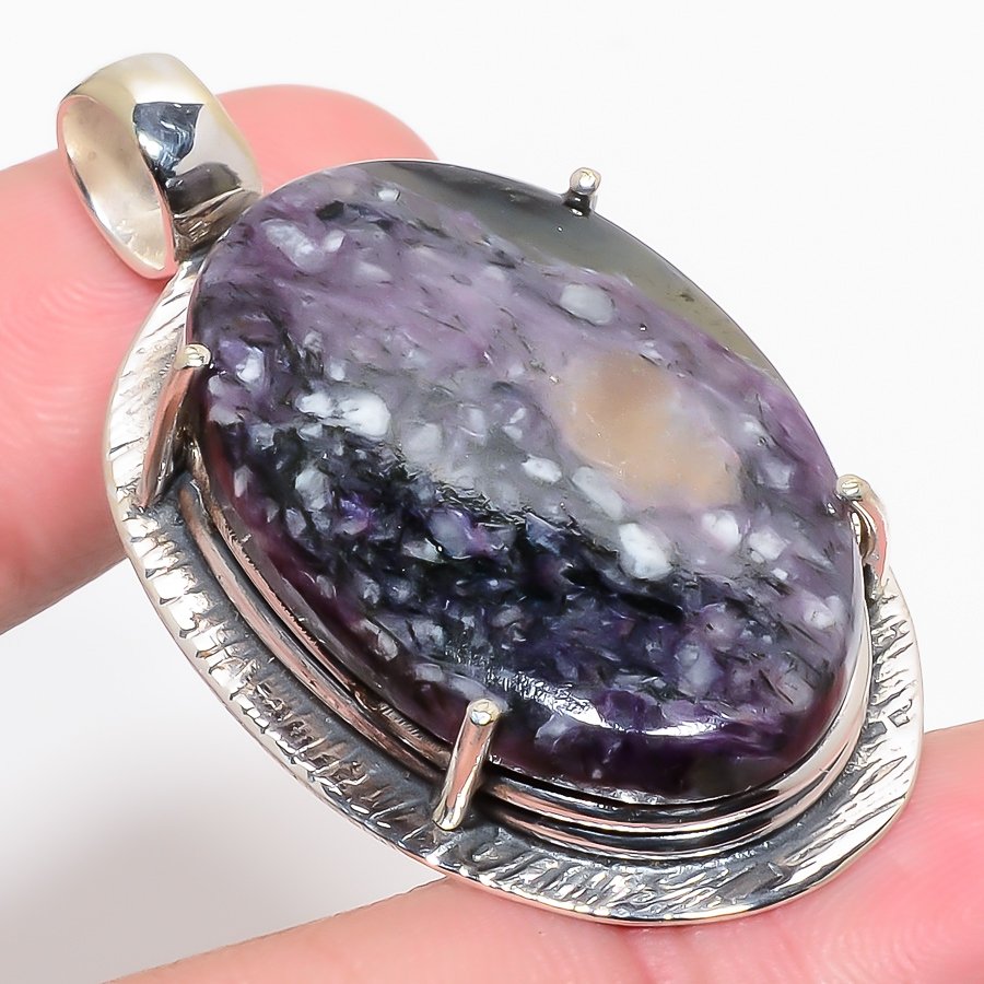 Charoite 925 Sterling Silver Pendant, Handmade Pendant, Oval Pendant, Purple Pendant, Unique Silver Pendant, Fine Pendant, Silver Jewelry Pendant