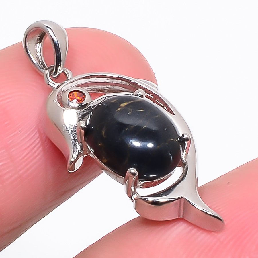 Copper Black Turquoise & Garnet 925 Sterling Silver Pendant, Handmade Pendant, Oval Pendant, Black Pendant, Unique Silver Pendant, Fine Pendant, Silver Jewelry Pendant