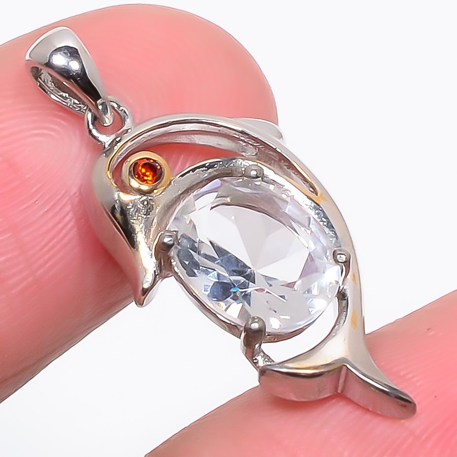White Topaz & Garnet 925 Sterling Silver Pendant, Handmade Pendant, Oval Pendant, White Pendant, Unique Silver Pendant, Fine Pendant, Silver Jewelry Pendant