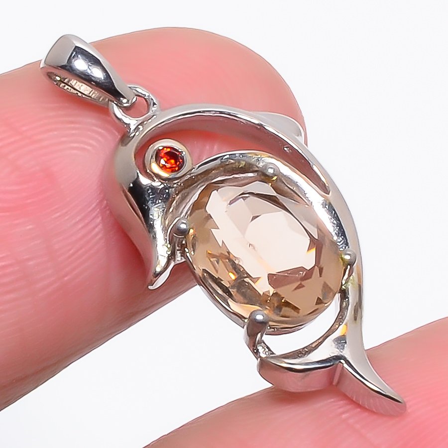 Morganite Quartz & Garnet 925 Sterling Silver Pendant, Handmade Pendant, Oval Pendant, Peach Pendant, Unique Silver Pendant, Fine Pendant, Silver Jewelry Pendant