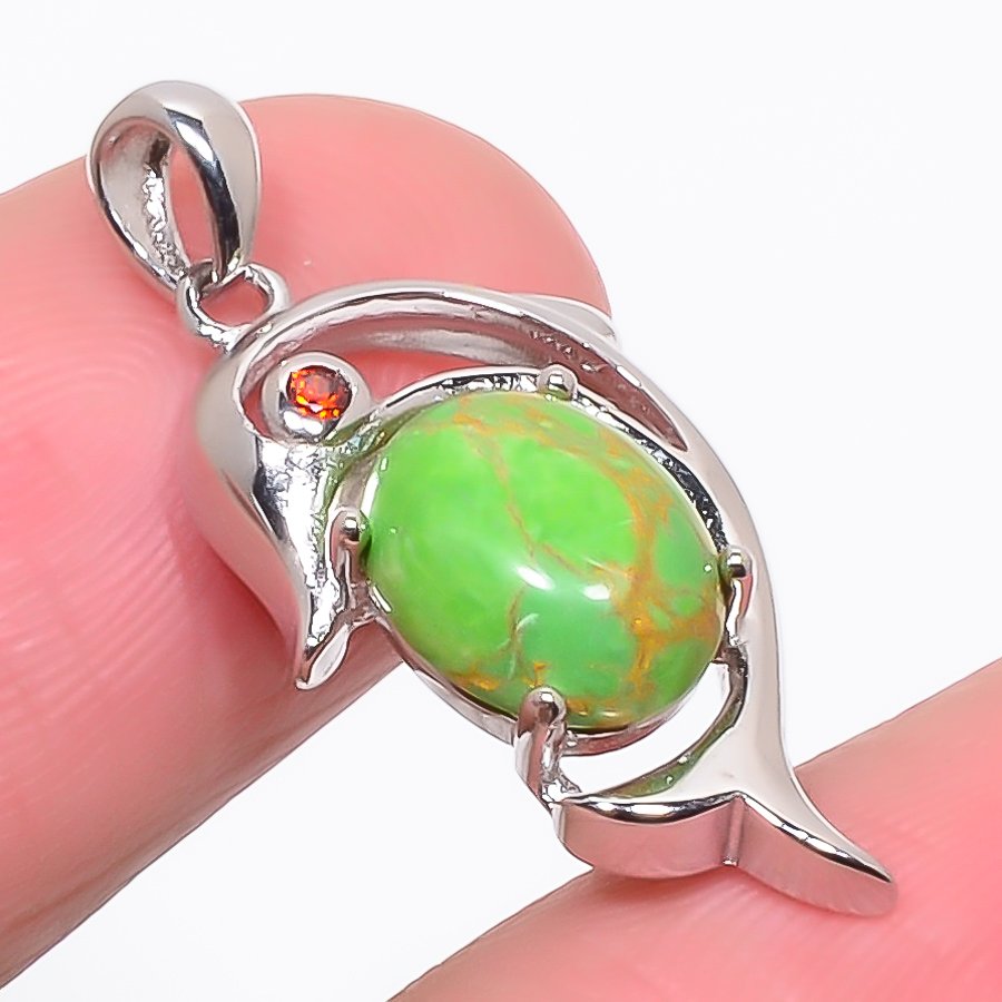 Copper Green Turquoise & Garnet 925 Sterling Silver Pendant, Handmade Pendant, Oval Pendant, Green Pendant, Unique Silver Pendant, Fine Pendant, Silver Jewelry Pendant