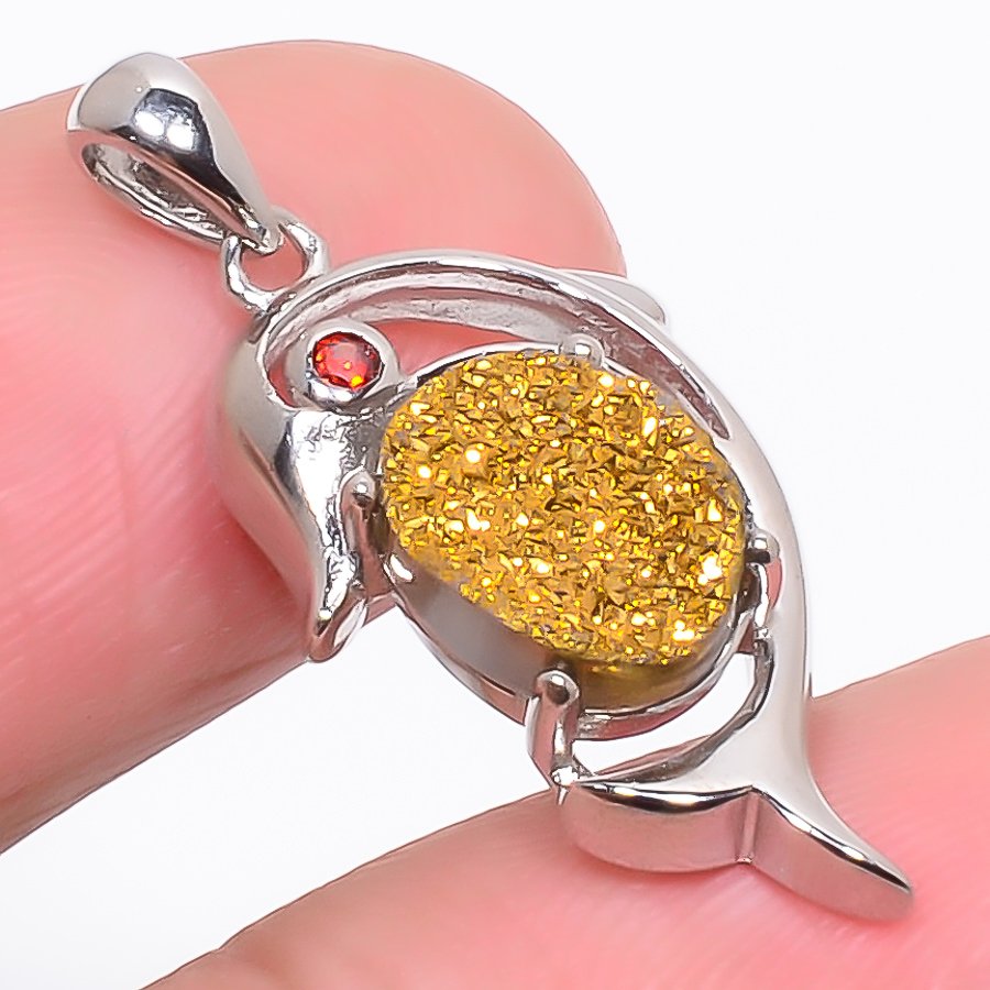 Golden Titanium Drusy & Garnet 925 Sterling Silver Pendant, Handmade Pendant, Oval Pendant, Yellow Pendant, Unique Silver Pendant, Fine Pendant, Silver Jewelry Pendant