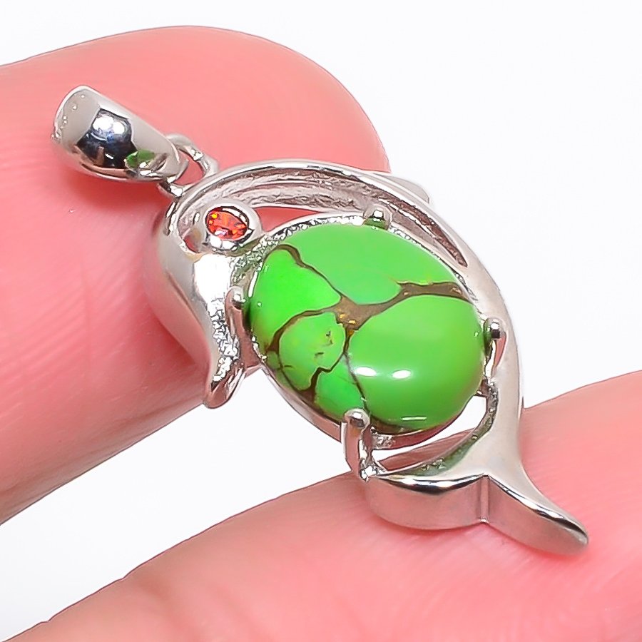 Copper Mohave Green Turquoise & Garnet 925 Sterling Silver Pendant, Handmade Pendant, Oval Pendant, Green Pendant, Unique Silver Pendant, Fine Pendant, Silver Jewelry Pendant