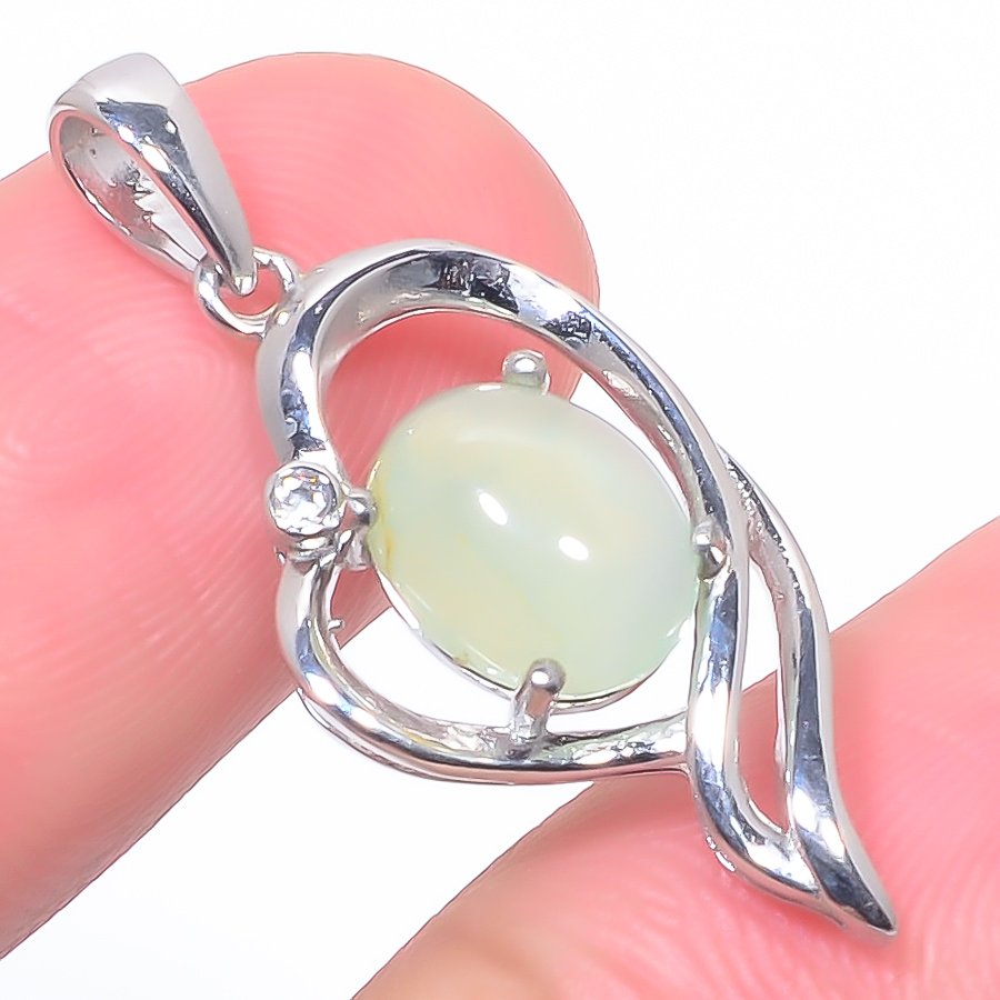 Prehnite & Cz 925 Sterling Silver Pendant, Handmade Pendant, Oval Pendant, Green Pendant, Unique Silver Pendant, Fine Pendant, Silver Jewelry Pendant