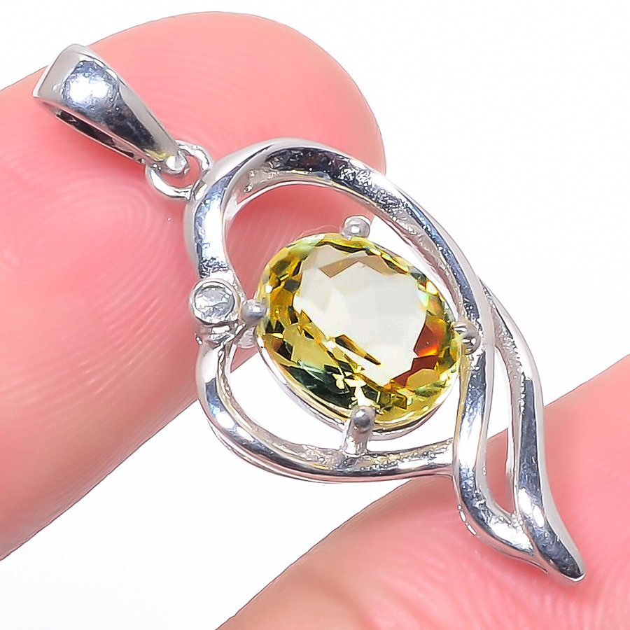 Lemon Topaz & Cz 925 Sterling Silver Pendant, Handmade Pendant, Oval Pendant, Yellow Pendant, Unique Silver Pendant, Fine Pendant, Silver Jewelry Pendant