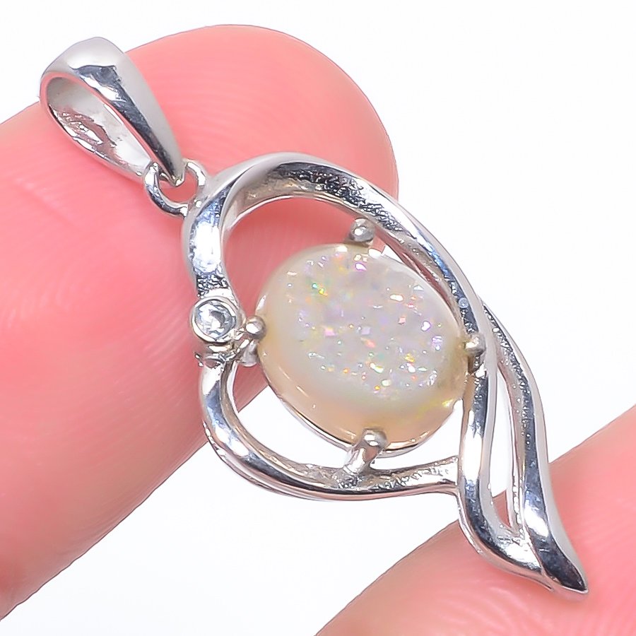 Opalite Titanium Agate Drusy & Cz 925 Sterling Silver Pendant, Handmade Pendant, Oval Pendant, Silver Pendant, Unique Silver Pendant, Fine Pendant, Silver Jewelry Pendant