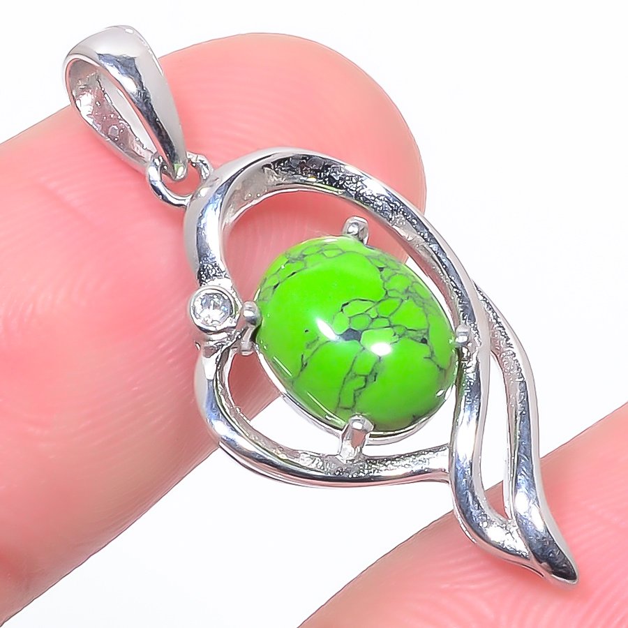 Green Turquoise & Cz 925 Sterling Silver Pendant, Handmade Pendant, Oval Pendant, Green Pendant, Unique Silver Pendant, Fine Pendant, Silver Jewelry Pendant