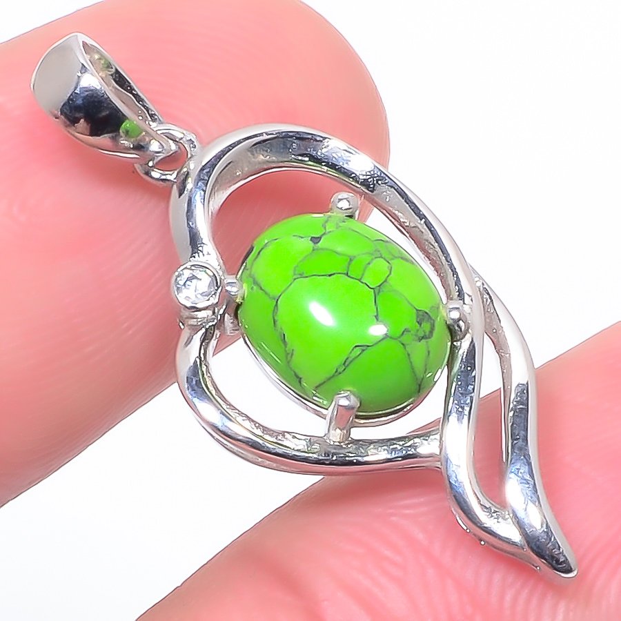 Green Turquoise & Cz 925 Sterling Silver Pendant, Handmade Pendant, Oval Pendant, Green Pendant, Unique Silver Pendant, Fine Pendant, Silver Jewelry Pendant