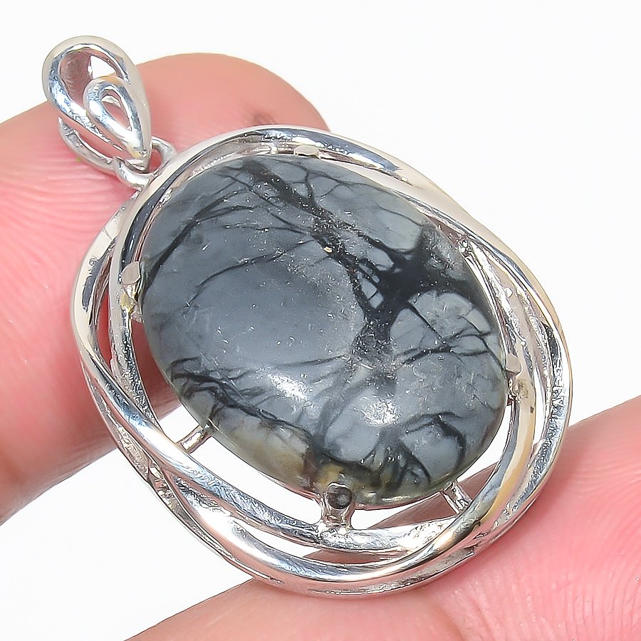 Picasso Jasper 925 Sterling Silver Pendant, Handmade Pendant, Oval Pendant, Black Pendant, Unique Silver Pendant, Fine Pendant, Silver Jewelry Pendant