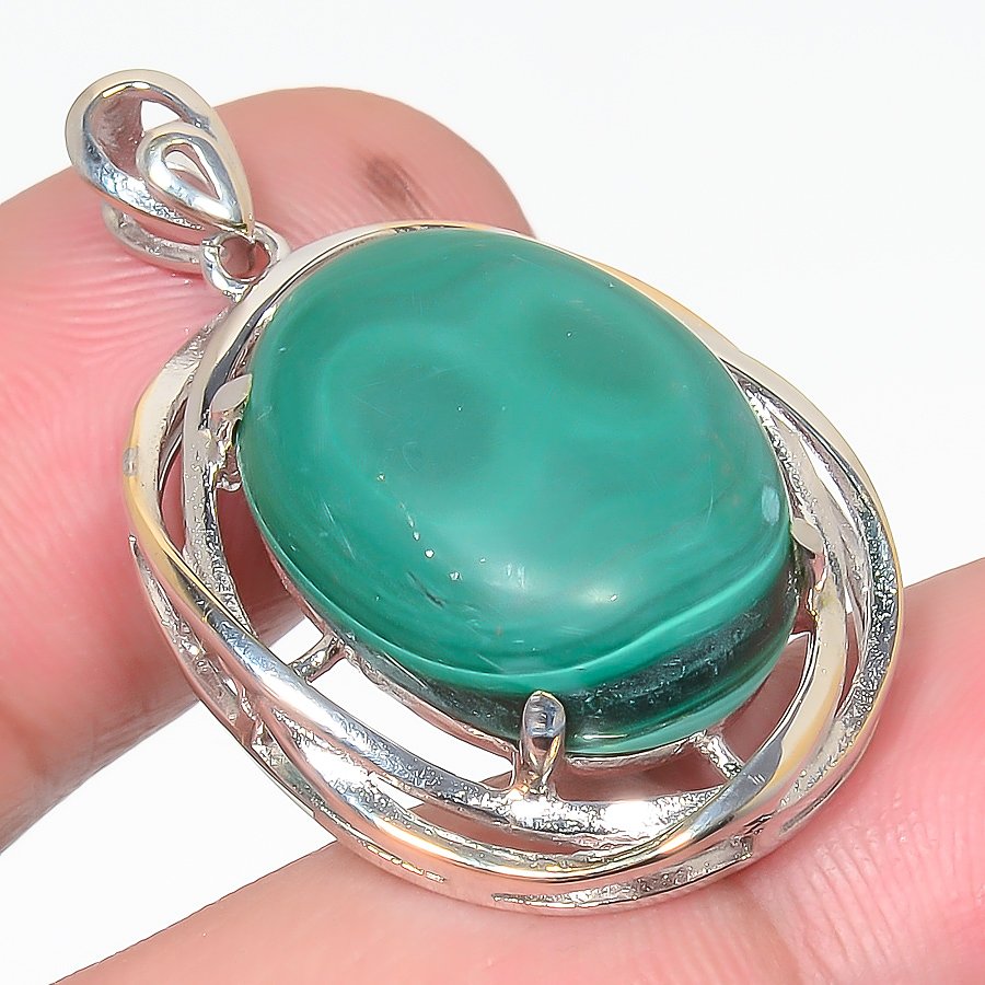 Malachite 925 Sterling Silver Pendant, Handmade Pendant, Oval Pendant, Green Pendant, Unique Silver Pendant, Fine Pendant, Silver Jewelry Pendant